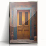 Mid-century modernist art depicting a scenic Middle Eastern landscape in muted earth tones, framed in silver acrylic.