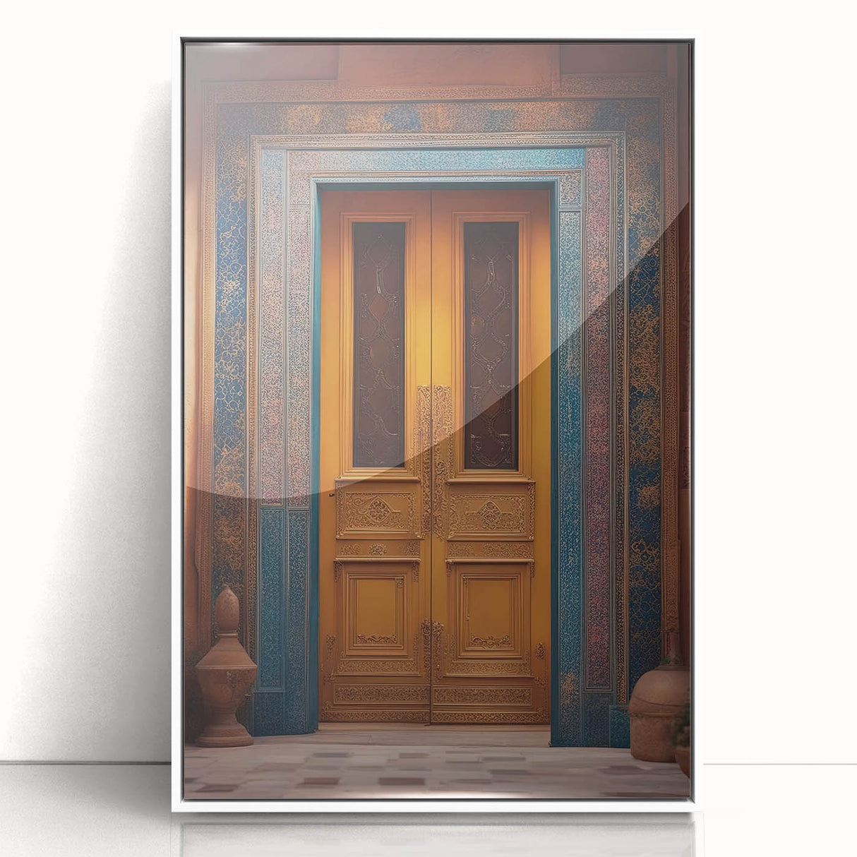 Art deco poster depicting a serene Middle Eastern landscape in muted earth tones, framed acrylic.