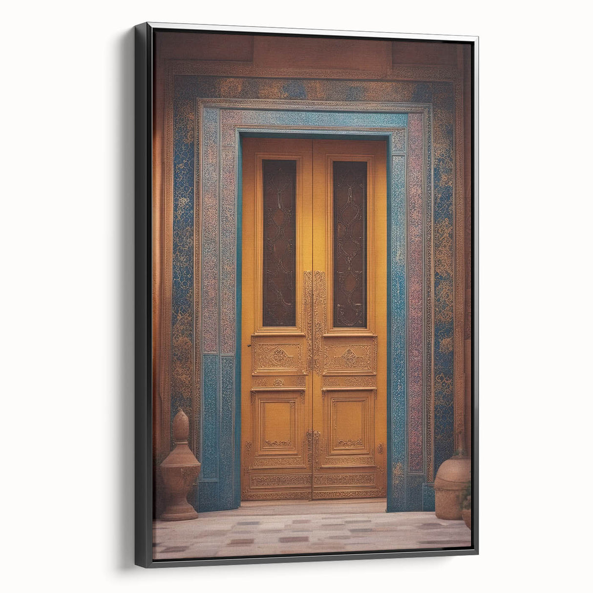 Black and white framed canvas of a vintage Middle Eastern landscape, ideal for bedroom wall art.