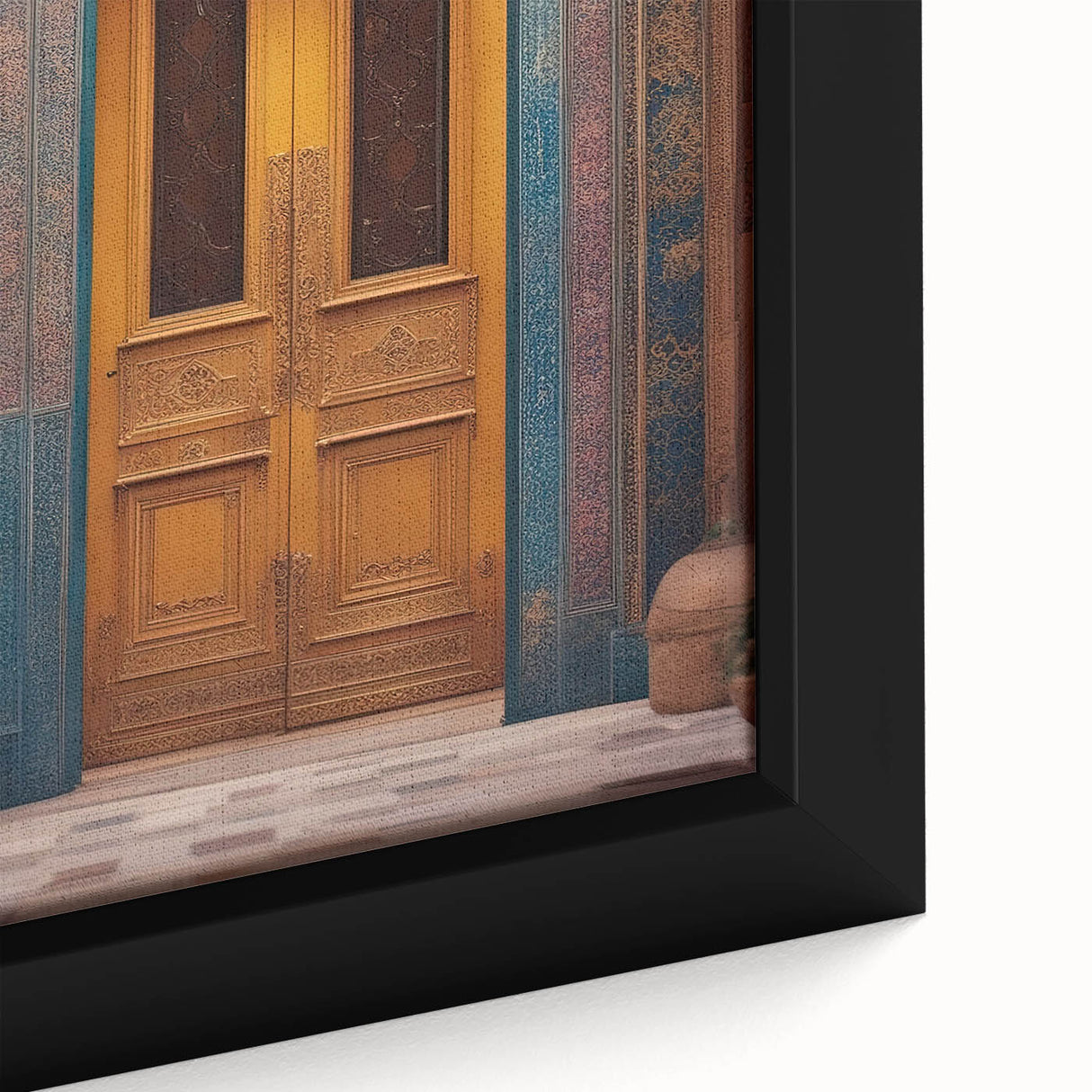 Close-up of a framed canvas featuring a textured, colorful Middle Eastern scenery in black, ideal for living room decor.