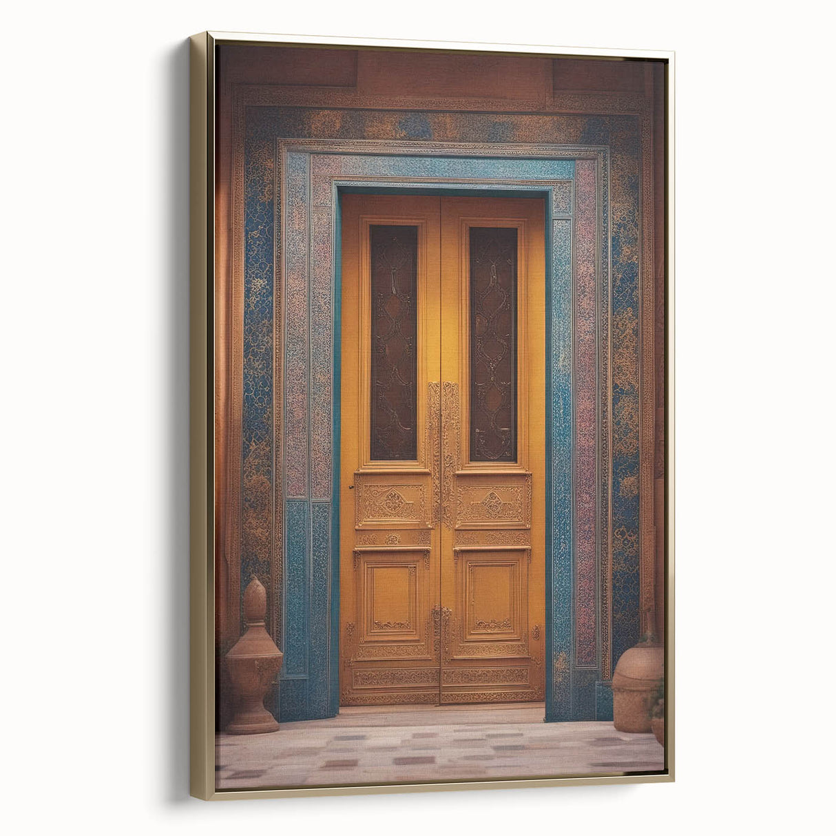 Framed canvas featuring a vintage-style landscape painting of a Middle Eastern scene in gold and black tones.