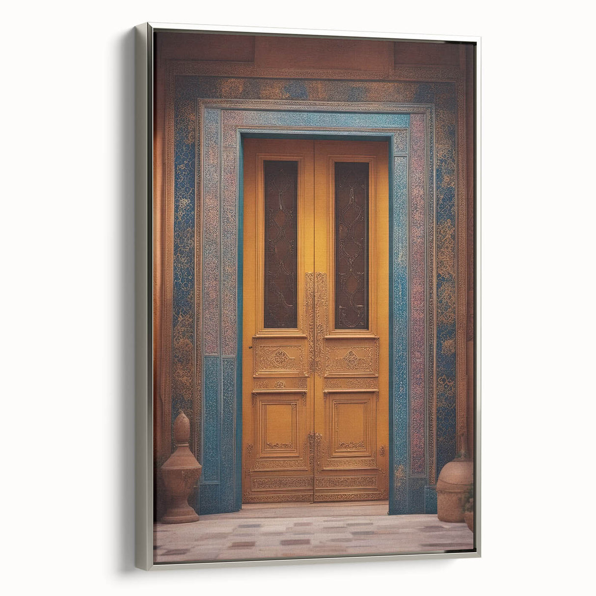 Landscape art painting of a Middle Eastern scenery on a framed canvas, featuring muted earth tones and silver accents.