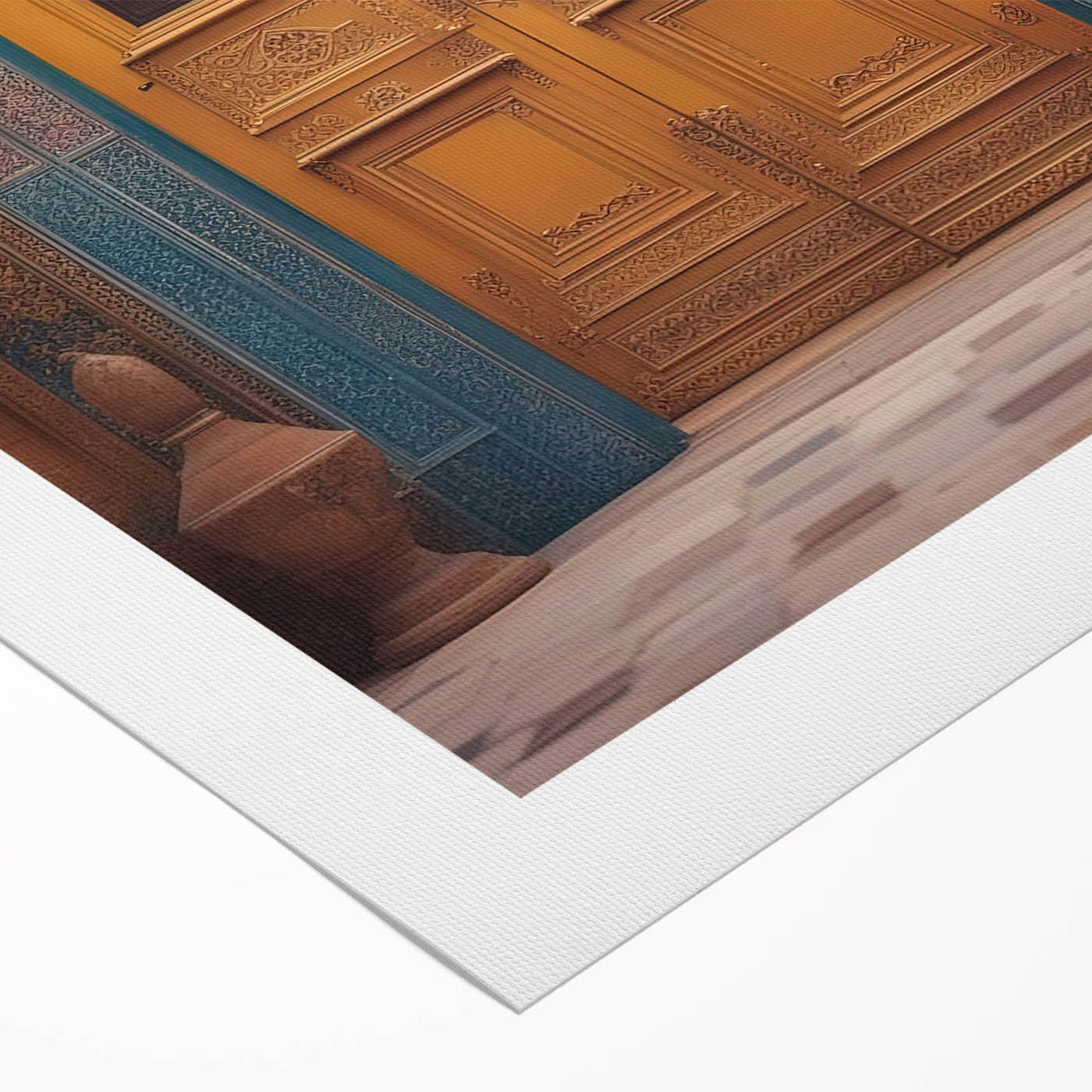 Art deco poster featuring a stylized Middle Eastern cityscape in muted earth tones on rolled canvas.