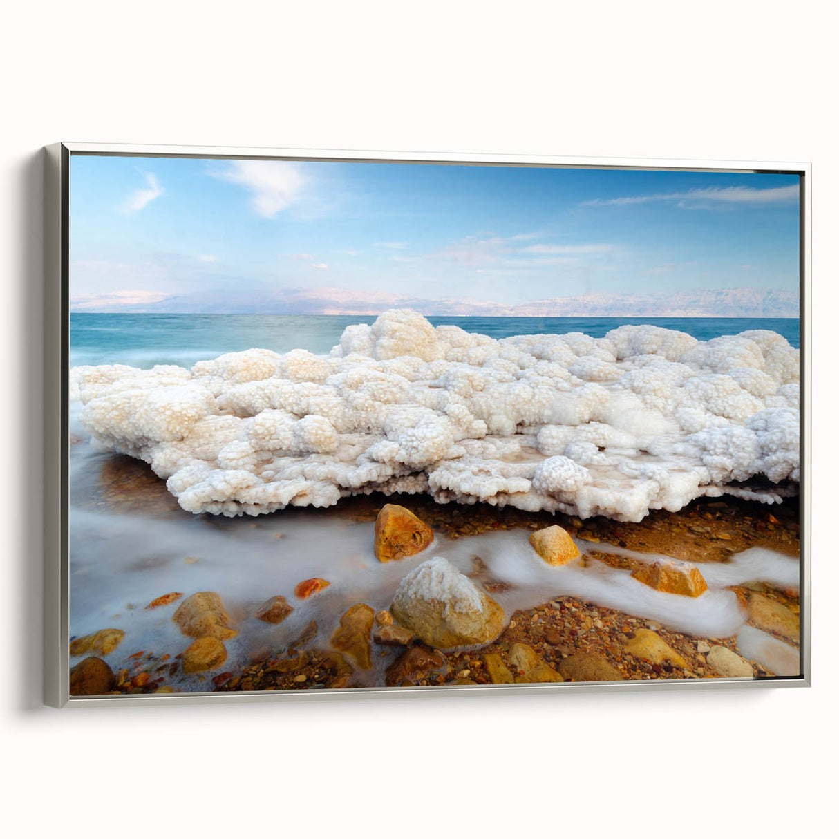 Framed canvas landscape art painting of the Dead Sea with vintage poster art style in black and colorful hues.