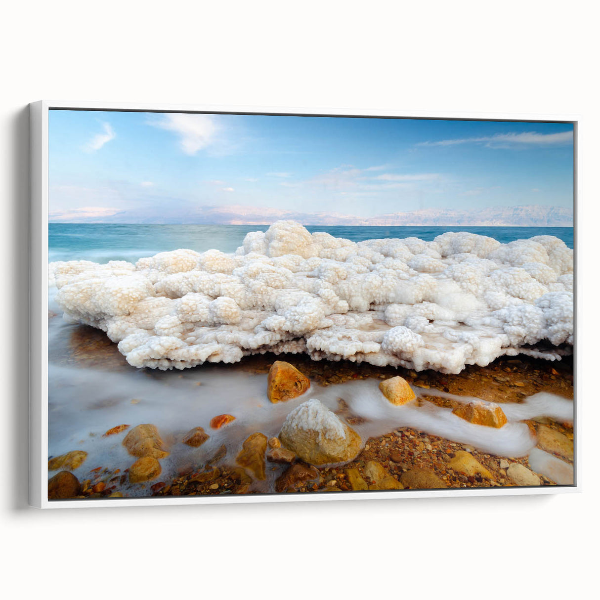 Vintage poster art of the Dead Sea in muted blues and whites, framed canvas, ideal for living room decor.