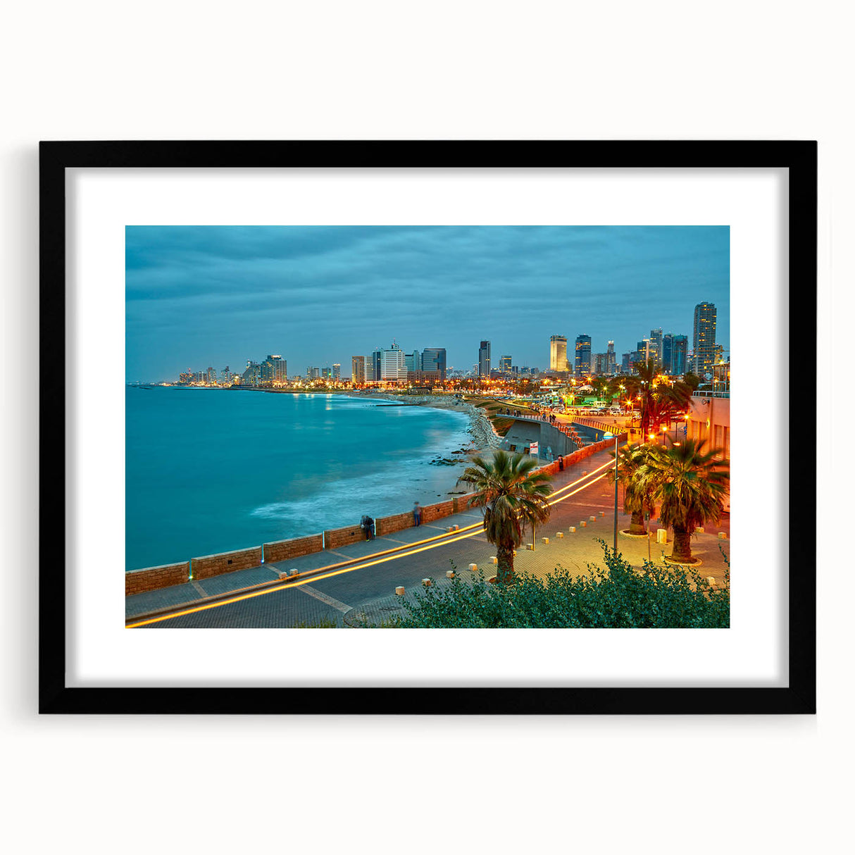 Extra large abstract art print of Tel Aviv skyline in vibrant colors on a textured canvas, framed with a black mat.