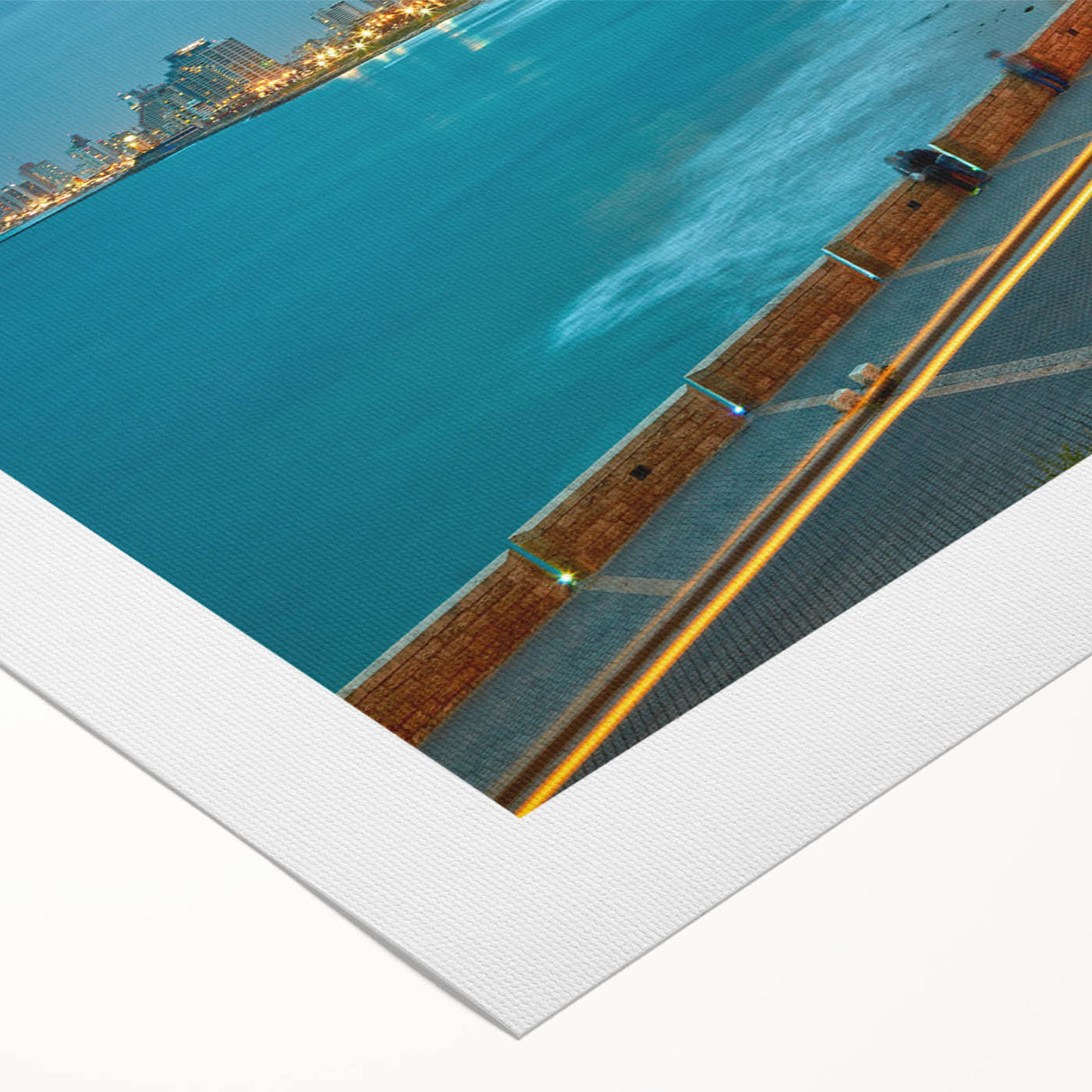 Art deco poster of Tel Aviv skyline in muted gold and blue tones on rolled canvas, suitable for dining room wall art.
