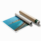 Extra large rolled print of Tel Aviv skyline in muted blue tones, ideal for classy bathroom wall art.
