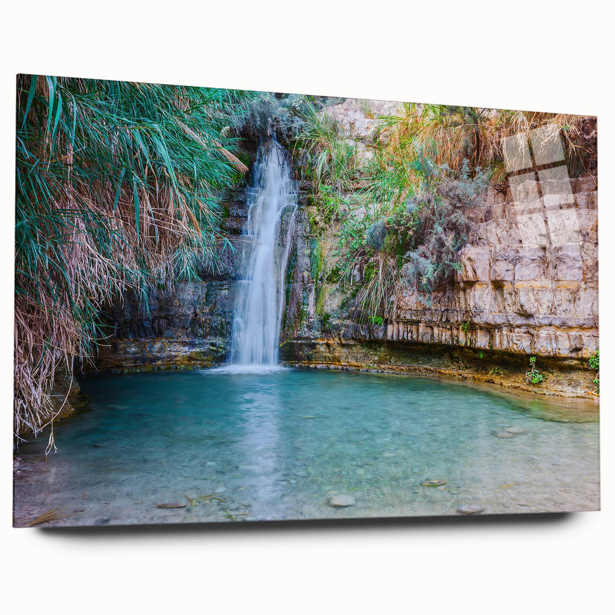 Large abstract depiction of a Middle Eastern landscape in muted earth tones on acrylic glass.