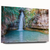 Large abstract depiction of a Middle Eastern landscape in muted earth tones on acrylic glass.