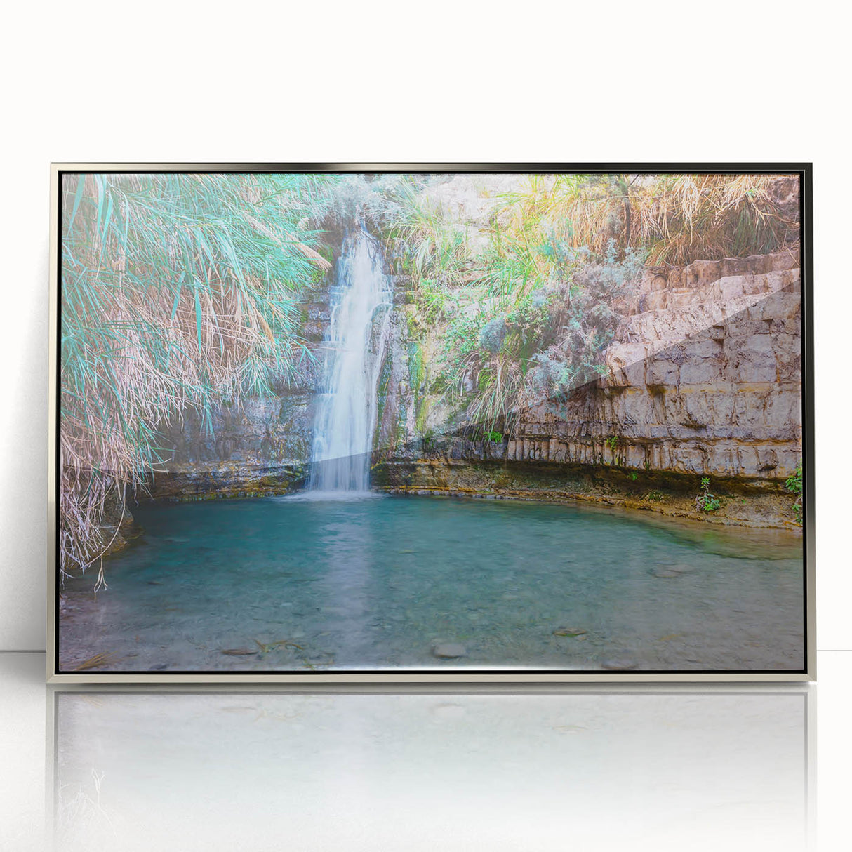 Mid-century modernist art depicting a serene Israel landscape in soft pastel tones on a framed acrylic print.