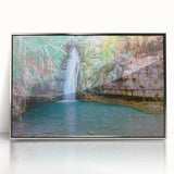 Mid-century modernist art depicting a serene Israel landscape in soft pastel tones on a framed acrylic print.