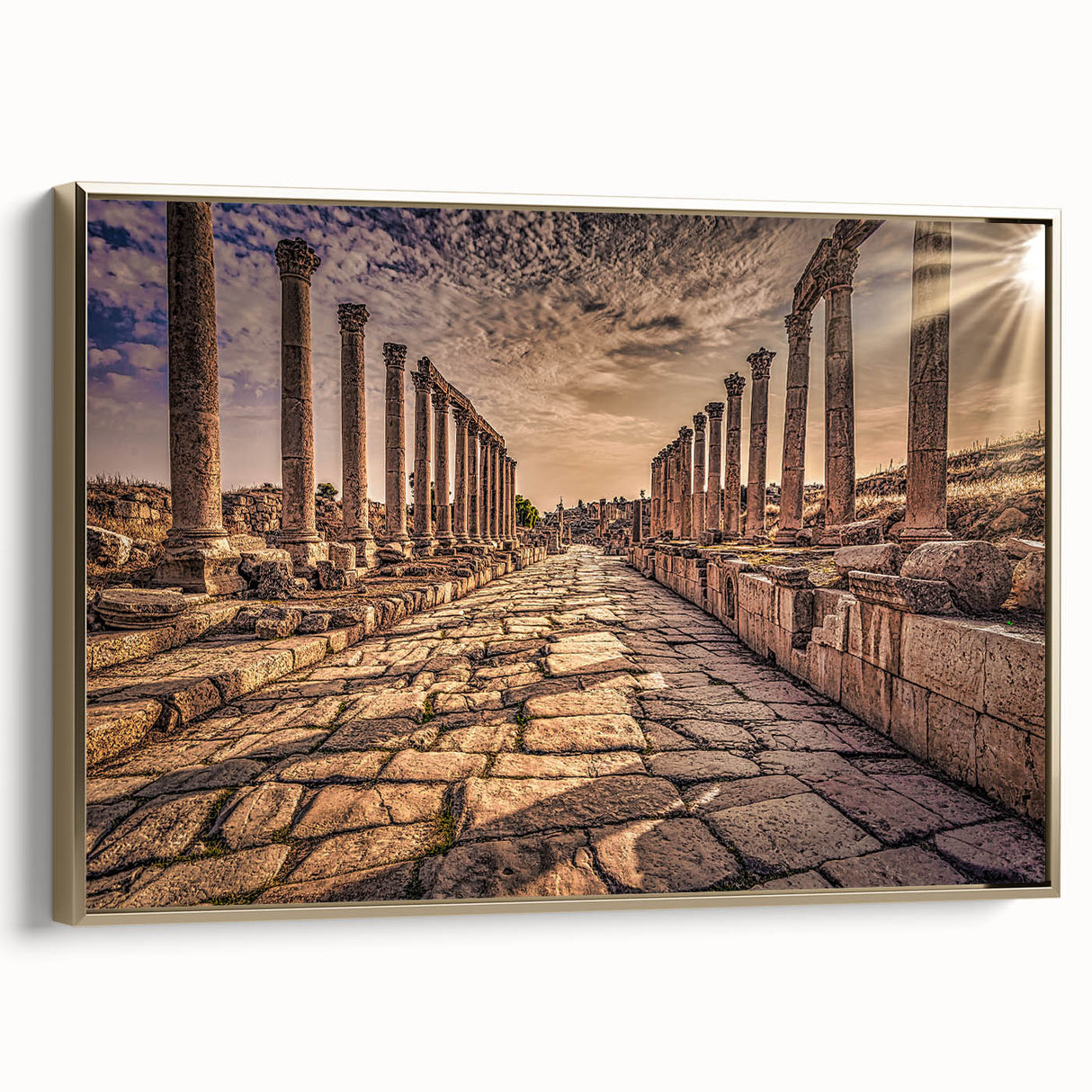 Framed canvas of a vintage-style Jordanian landscape in muted gold and black tones, suitable for bedroom decor.