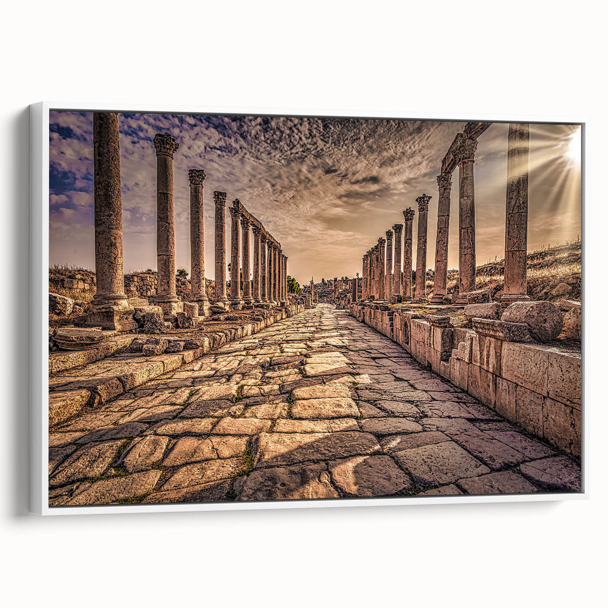 Vintage poster art of a Jordanian landscape on a framed canvas, featuring colorful imagery on a black background.