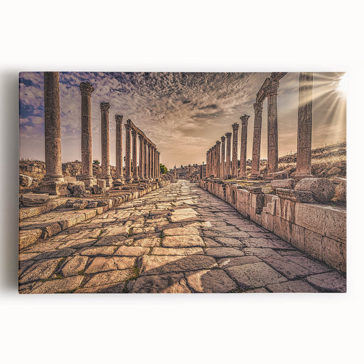Black and white stretched canvas featuring a panoramic view of Jordanian landscape, ideal for kitchen wall art.