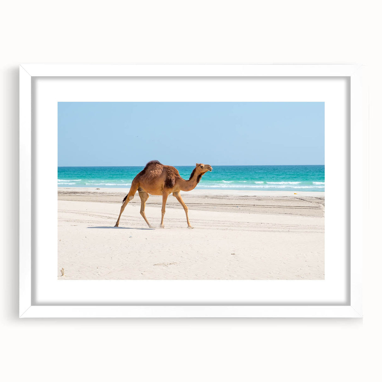 Abstract art print of a Middle Eastern landscape in muted earth tones on a white-framed canvas.