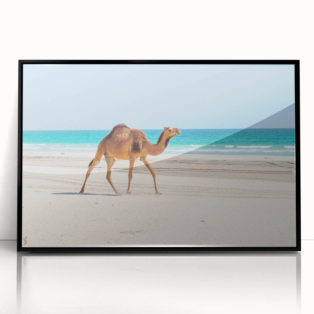 Large abstract wall art depicting a Middle Eastern Oman scenery in muted earth tones, framed in black acrylic.