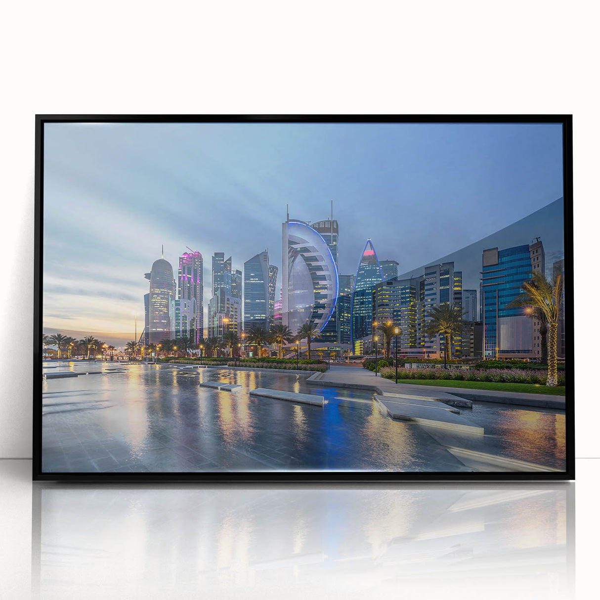 Large abstract wall art depicting a Qatar scenery in muted earth tones on a framed acrylic.