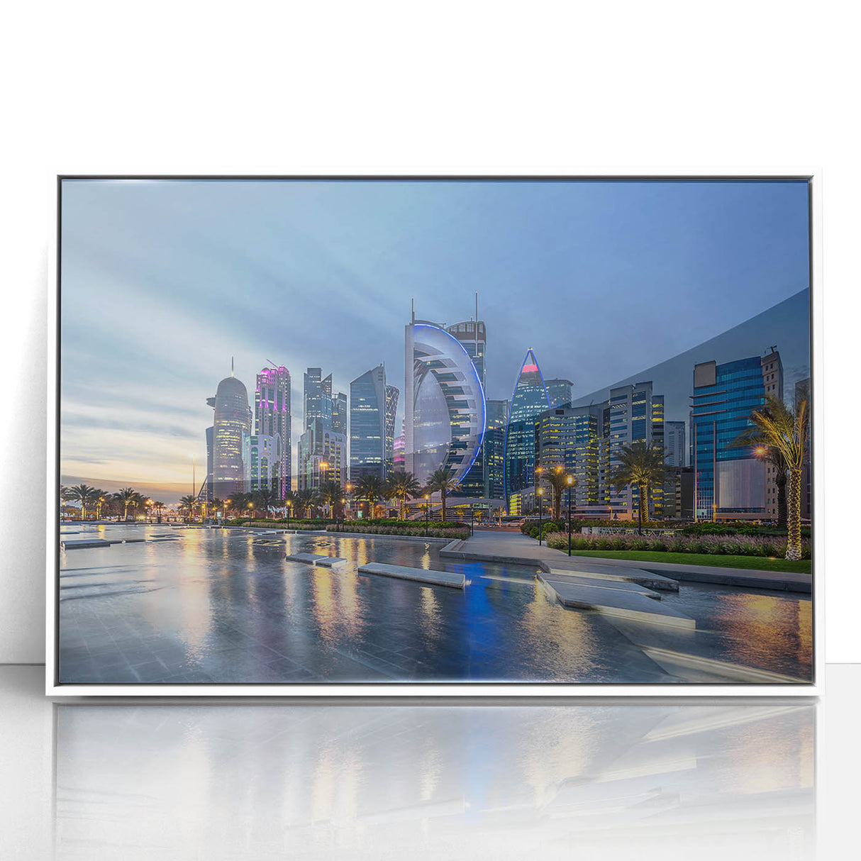 Art deco poster of Qatar scenery in muted beige and blue tones, acrylic print framed in white.