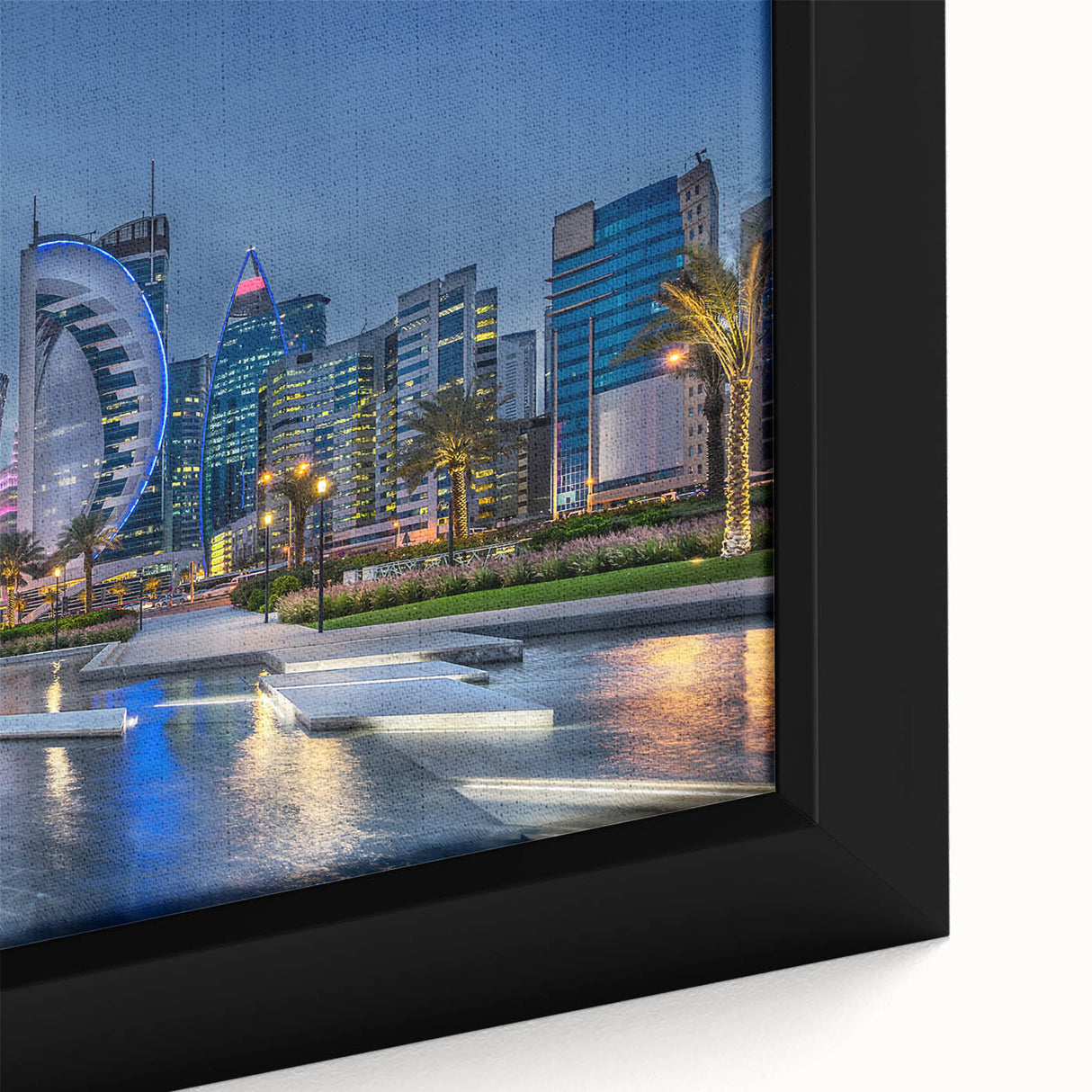 Extra large black wall art featuring textured, colorful abstract scenery of Qatar on a framed canvas.