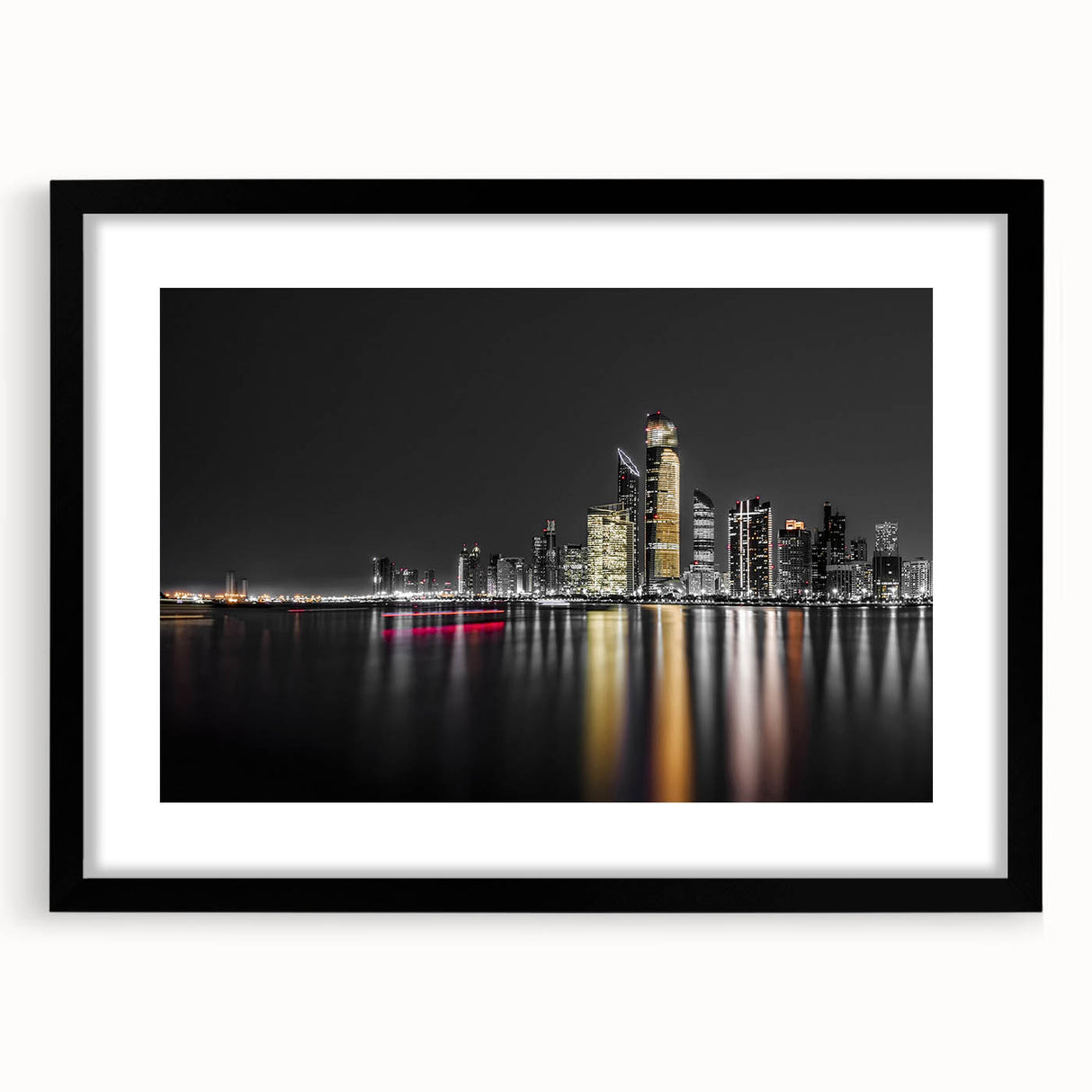 Abstract art print of Abu Dhabi skyline in vibrant colors on a textured, extra large canvas, ideal for living room decor.
