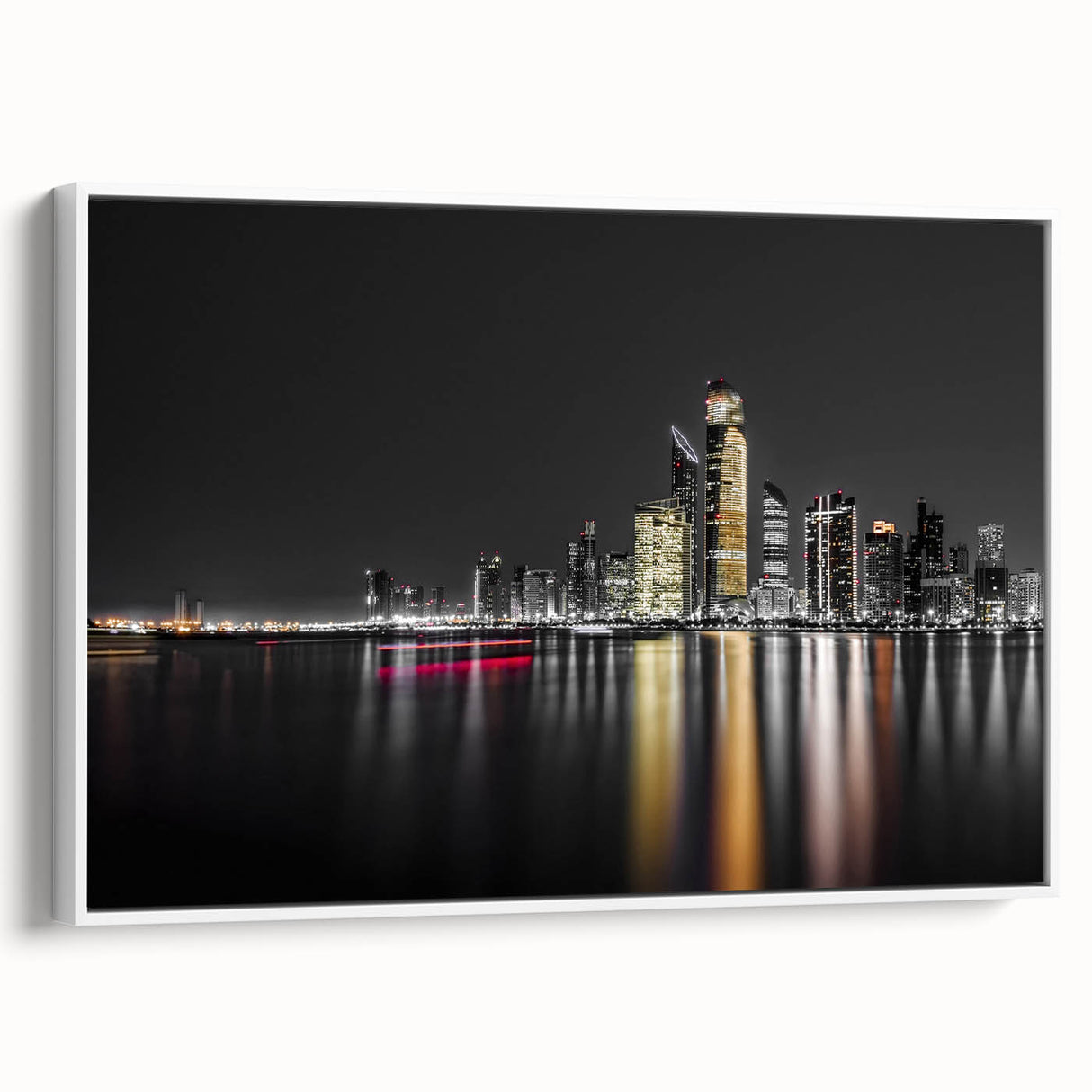 Vintage poster art of Abu Dhabi scenery on framed canvas, featuring vibrant colors on a large format.