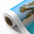 Art deco poster of a serene Fiji landscape on rolled canvas, with soft blue and green tones, ideal for nursery wall art.