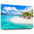 Acrylic glass print of Bora Bora scenery with vivid blue ocean and lush green islands.