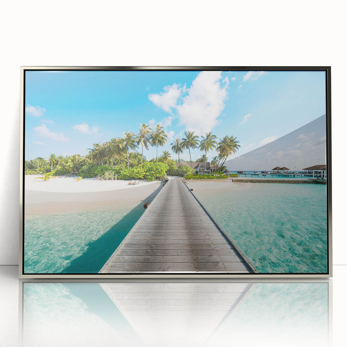 Mid-century modernist art depicting a serene Tahitian landscape in soft blue and green hues, framed in silver acrylic.