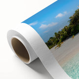 Art Deco poster of Tahiti scenery in muted blue and green tones on rolled canvas, ideal for nursery wall art.
