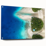 Large abstract wall art depicting oceanic scenery in blue and green tones on acrylic glass.