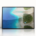 Large abstract wall art depicting a serene Micronesian ocean scene in blue tones, framed in black acrylic.