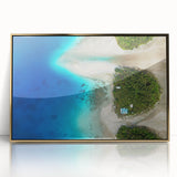 Framed acrylic print of a serene Micronesian landscape in soft blue and green tones, ideal for modern nursery wall art.