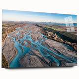 Large abstract wall art depicting Canterbury, New Zealand scenery on acrylic glass, in cool blue and green tones.