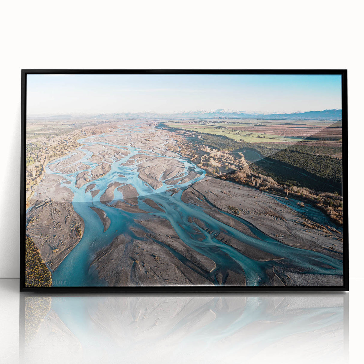 Large abstract wall art featuring a serene Canterbury, New Zealand landscape in muted earth tones, framed in black acrylic.