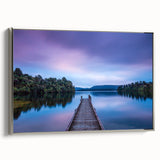 Landscape art painting of New Zealand's West Coast on framed canvas, featuring muted earth tones and a vintage poster style.