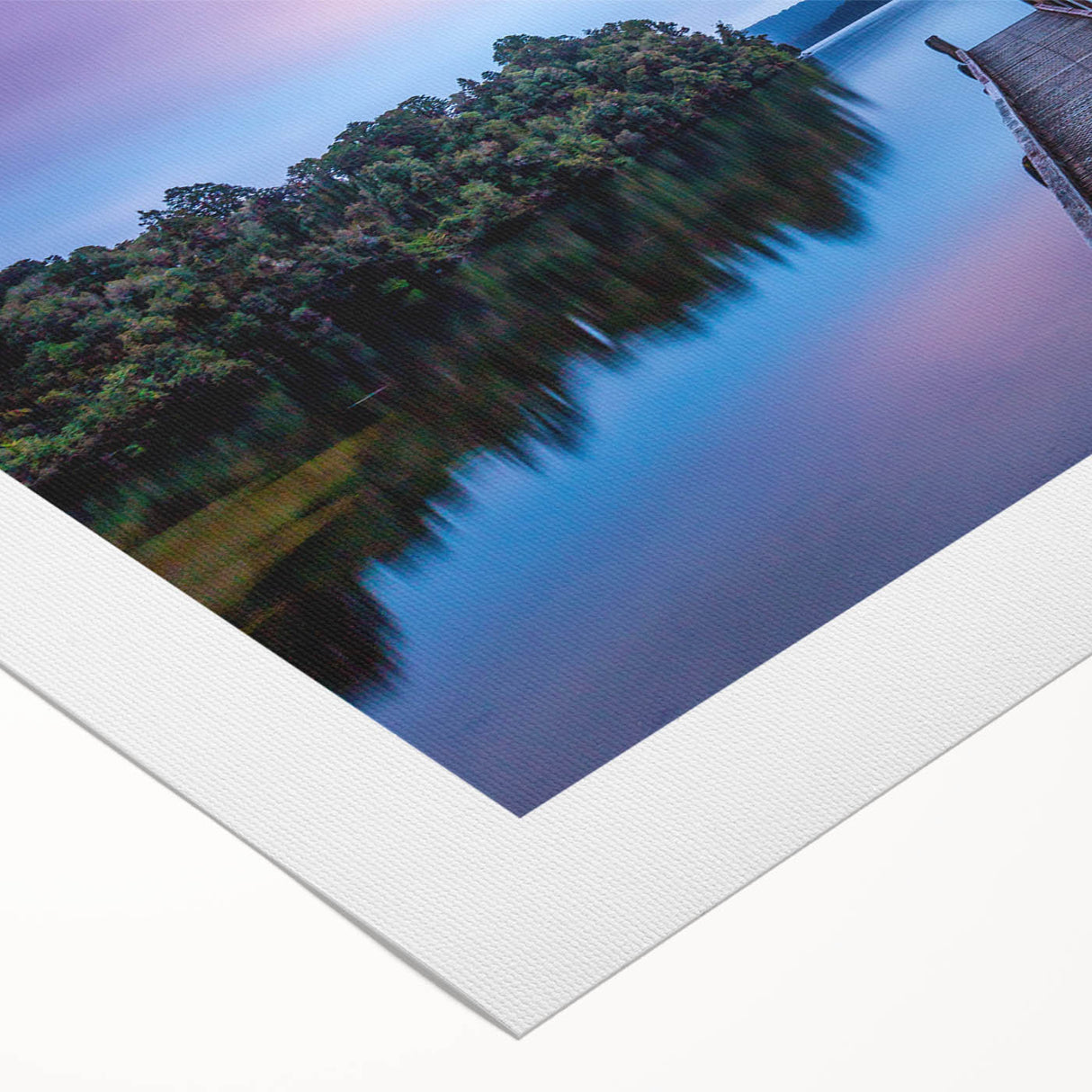 Art deco poster featuring a serene New Zealand West Coast scenery in muted blue and green tones on a rolled canvas.
