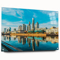 Abstract acrylic print of Buenos Aires skyline in muted earth tones, ideal for dining room decor.