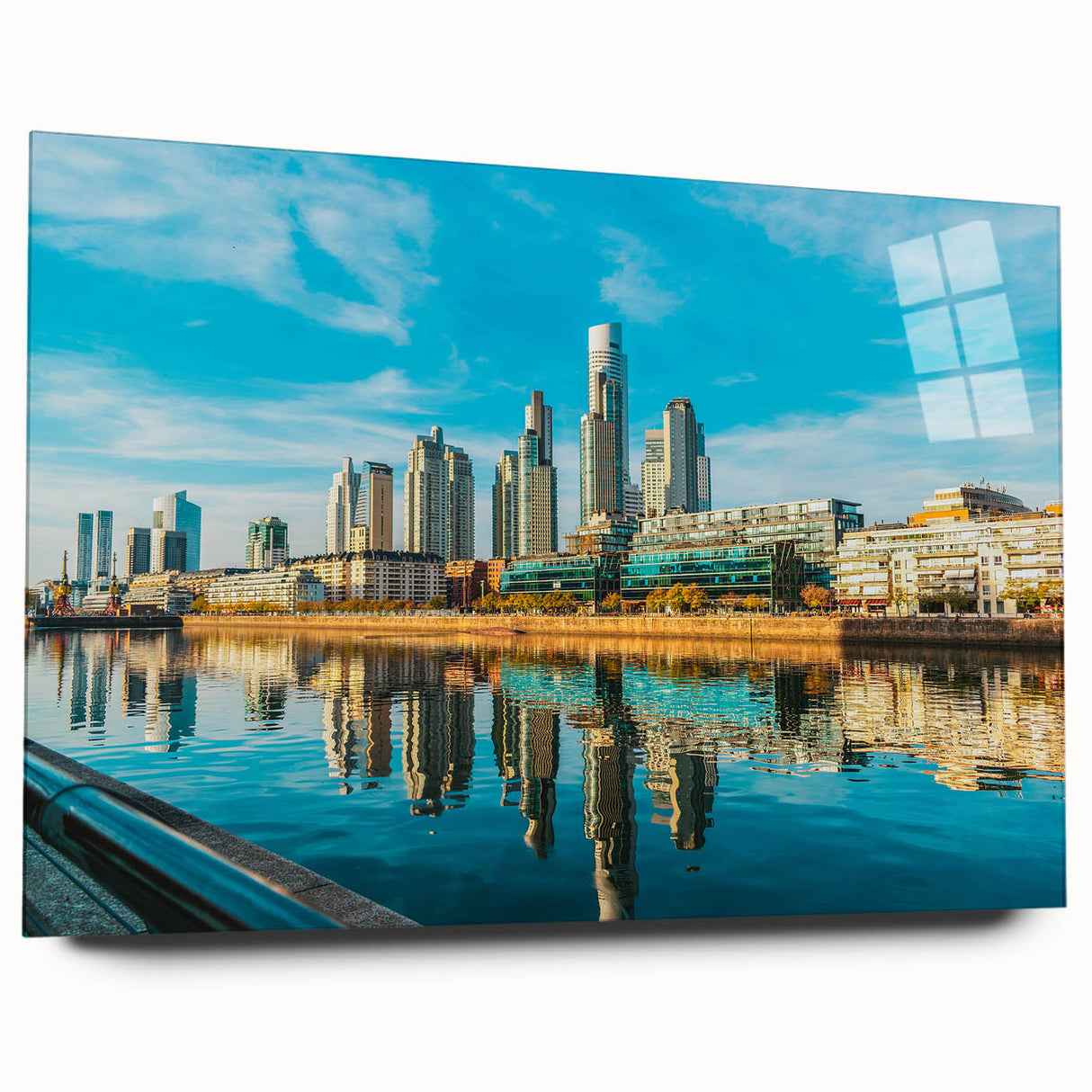 Large abstract depiction of Buenos Aires on acrylic, in muted blue and gray, ideal for bedroom or dining room art.