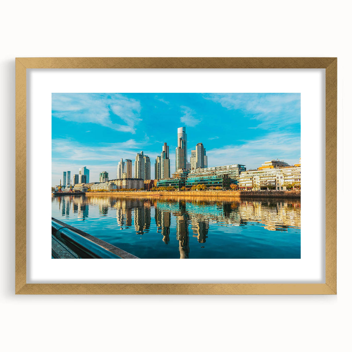 Extra large abstract art print of a textured Buenos Aires scene in a gold frame, ideal for living room decor.