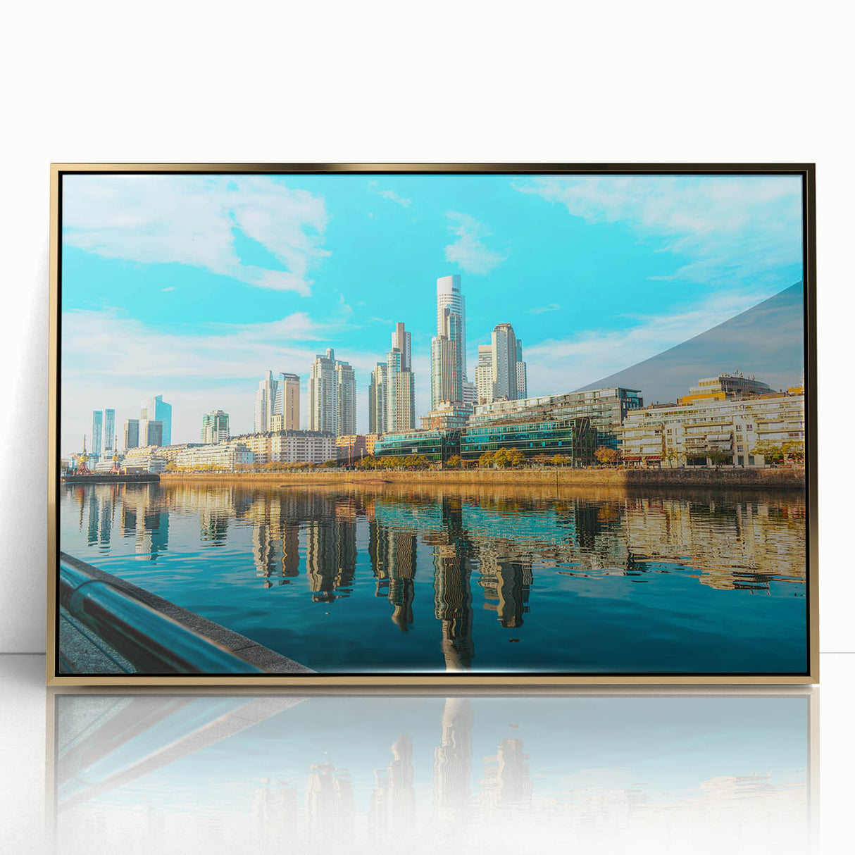 Framed acrylic print of a mid-century modernist Buenos Aires cityscape in gold and blue tones.