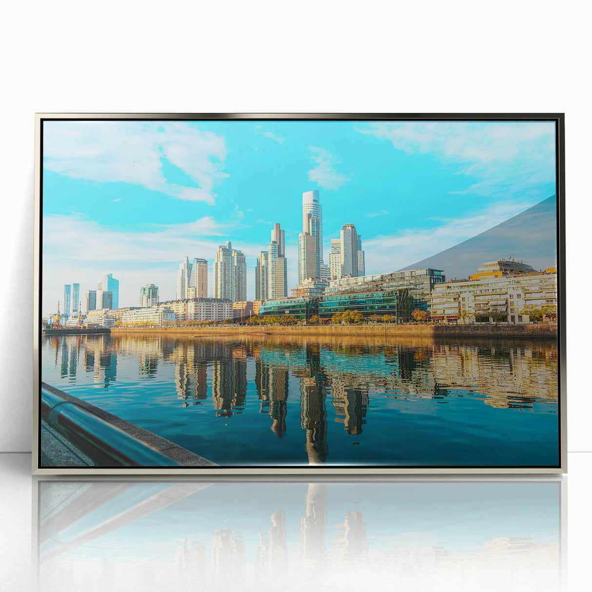 Mid-century modernist art of Buenos Aires skyline in muted gray and blue tones on a silver-framed acrylic print.