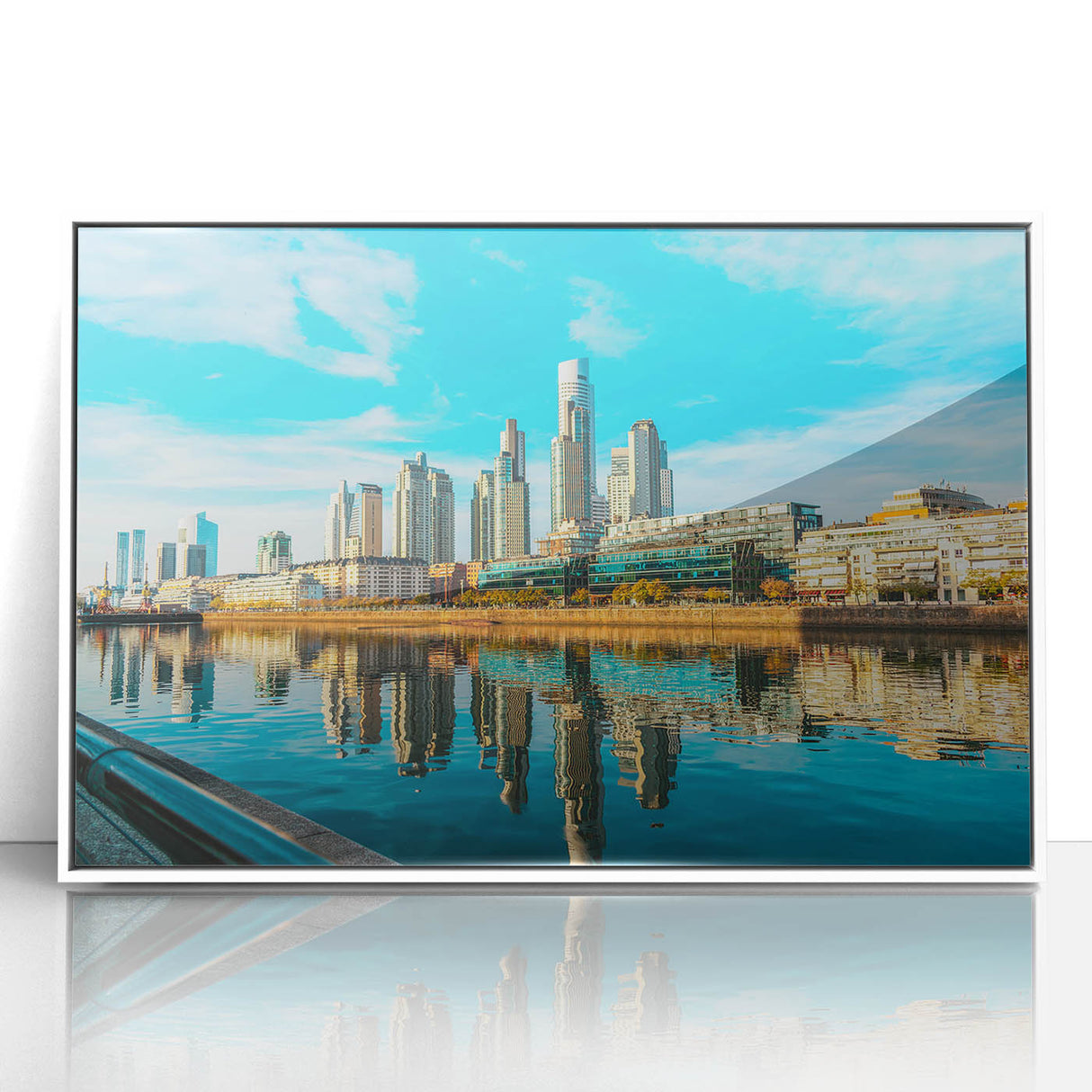 Acrylic print of Buenos Aires skyline in art deco style with muted gray and blue tones, ideal for modern art wall decor.