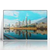 Acrylic print of Buenos Aires skyline in art deco style with muted gray and blue tones, ideal for modern art wall decor.