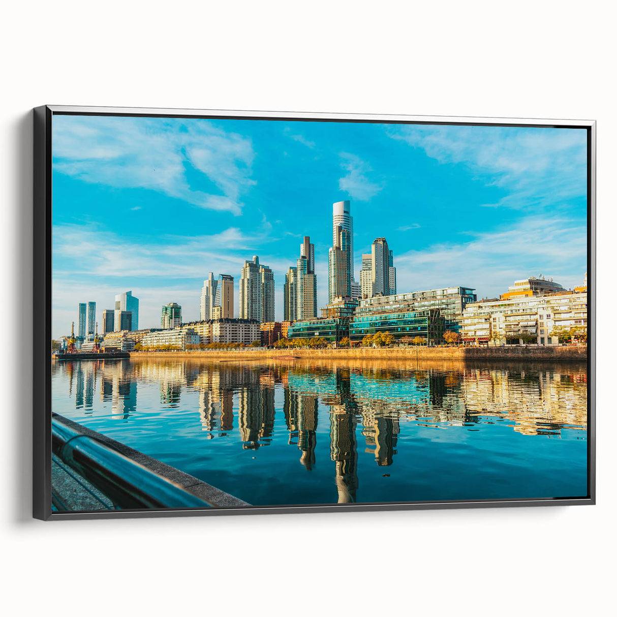 Black and white vintage poster art of Buenos Aires landscape on framed canvas, suitable for bedroom decor.