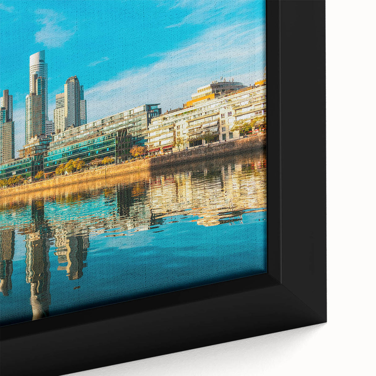 Framed canvas of a textured, black wall art depicting a colorful Buenos Aires cityscape, ideal for living room decor.