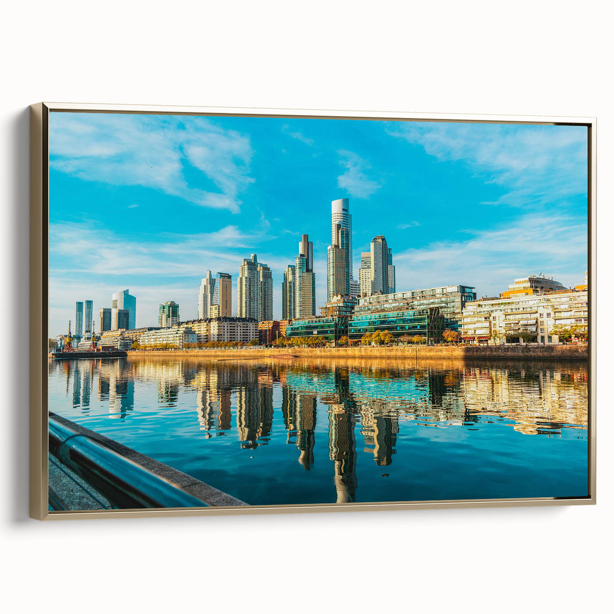 Framed canvas featuring a vintage-style landscape painting of Buenos Aires in muted gold and black tones.