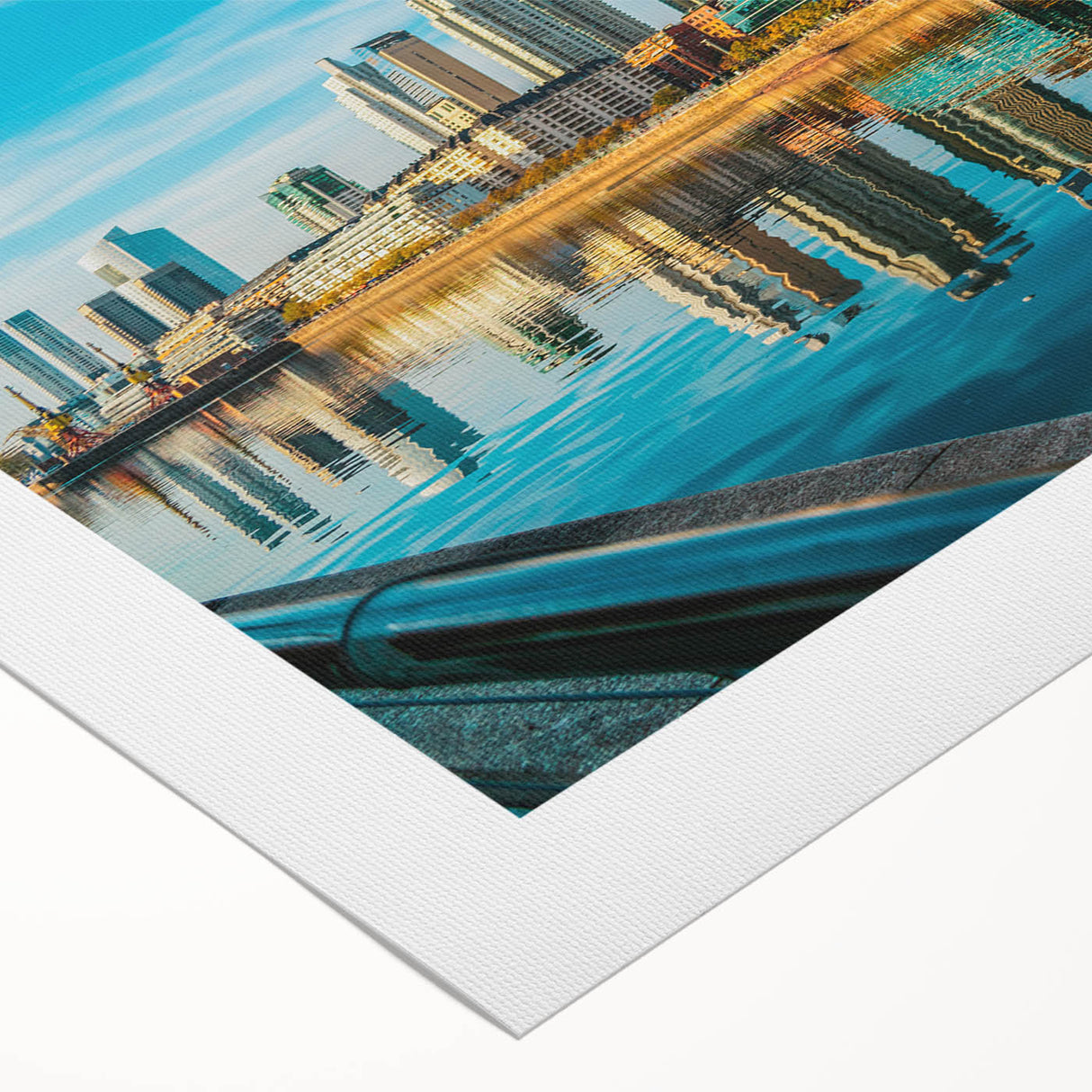 Art deco poster of Buenos Aires skyline in muted blues and grays on rolled canvas, suited for dining room decor.