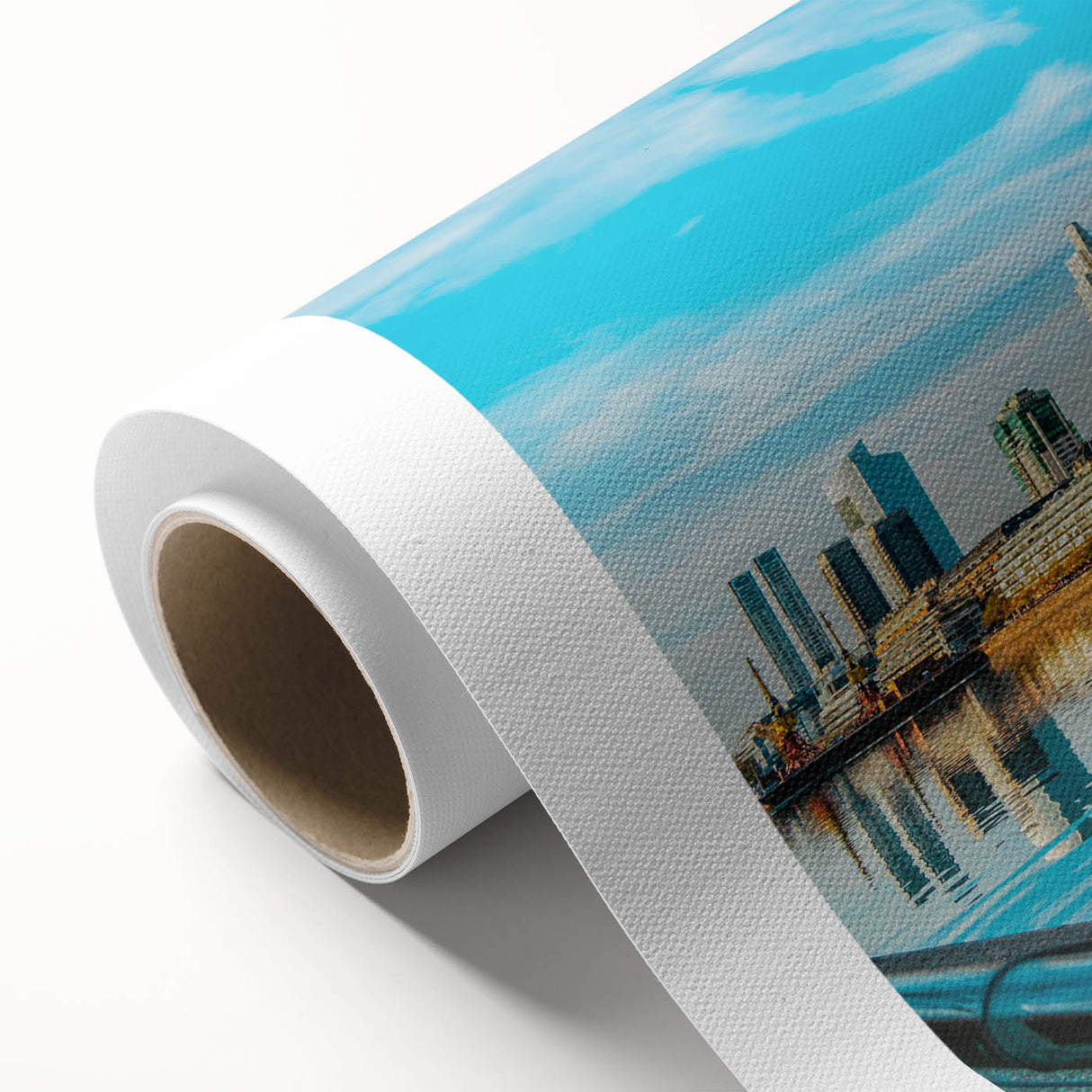 Art deco poster of Buenos Aires skyline in pastel shades on rolled canvas.