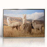 Mid-century modernist art depicting a serene Bolivian landscape, in muted earth tones, silver-framed acrylic print.